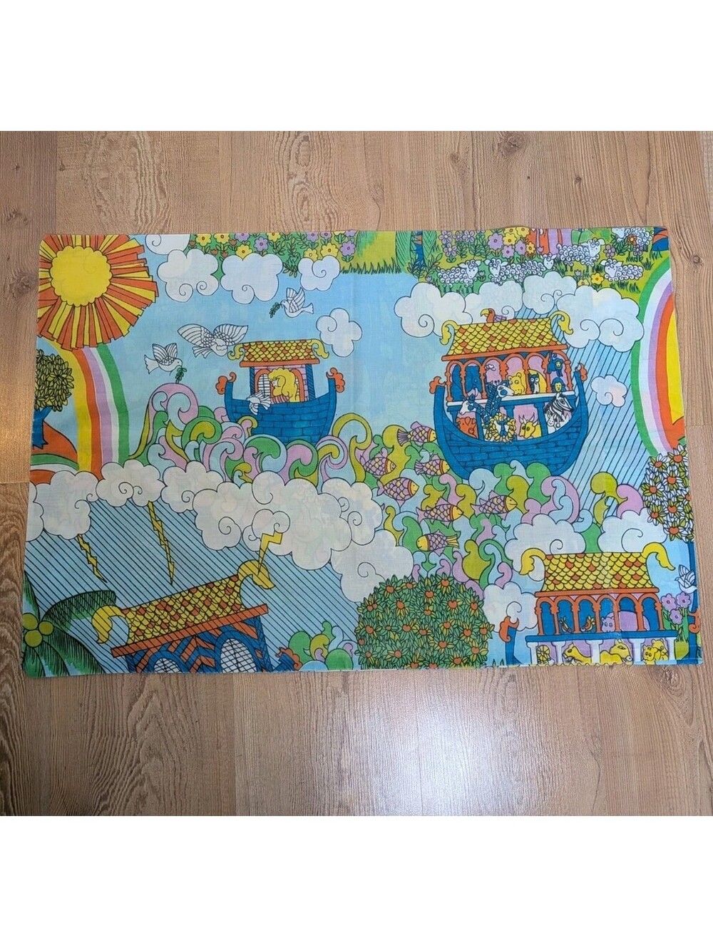 Vintage 1970s Sears Noah’s Ark Psychedelic Mod Colorful Retro Pillow Case